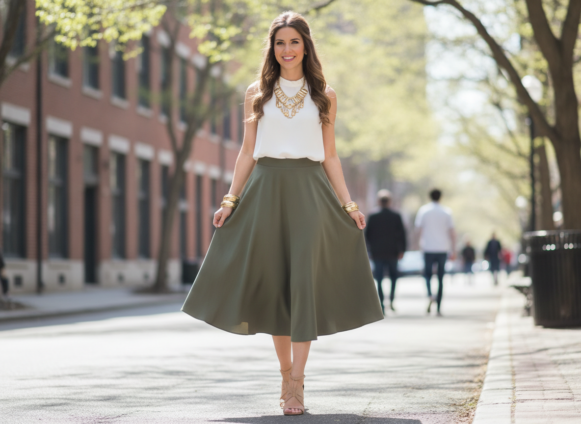 olive green skirt with white sleeveless top and gold accessories