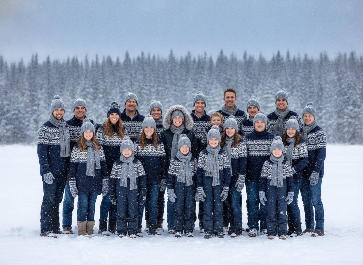 Family in navy and silver coordinated winter outfits