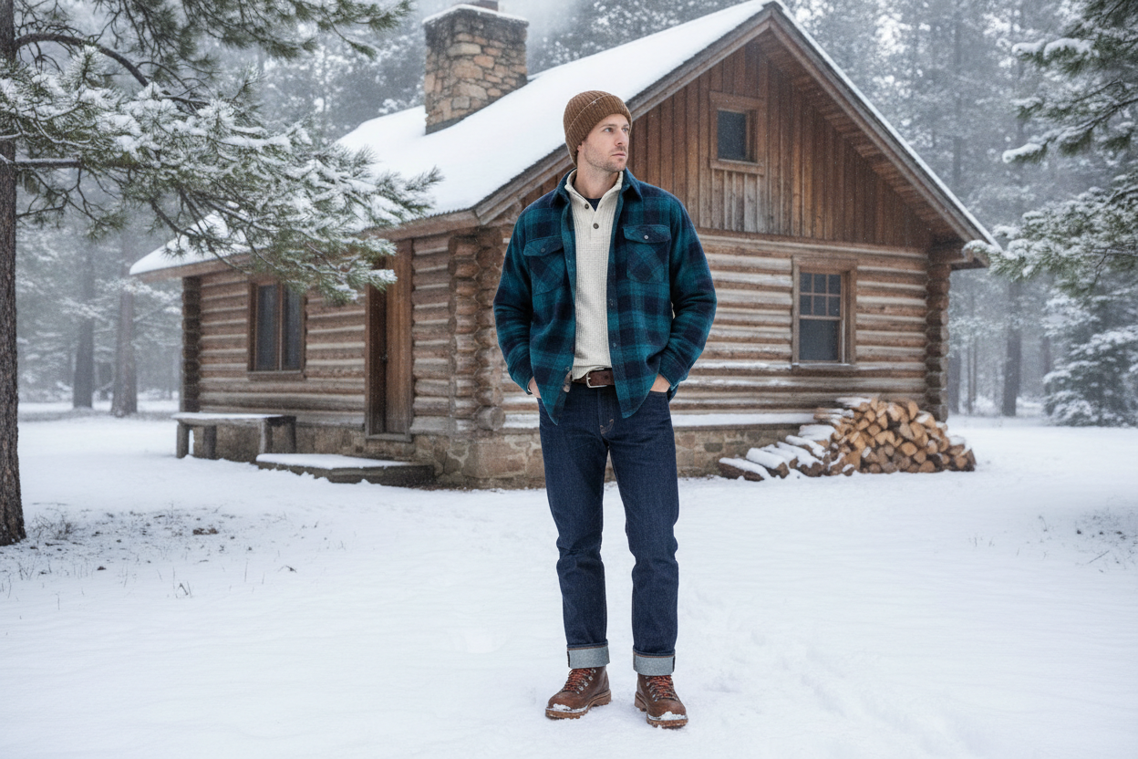 teal flannel button-down shirt layered over thermal for casual winter outfit