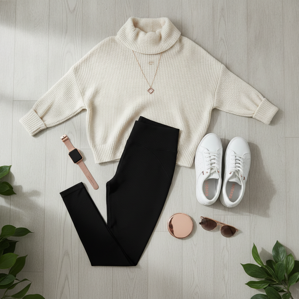 Athleisure outfit with leggings and oversized sweater for gender reveal party