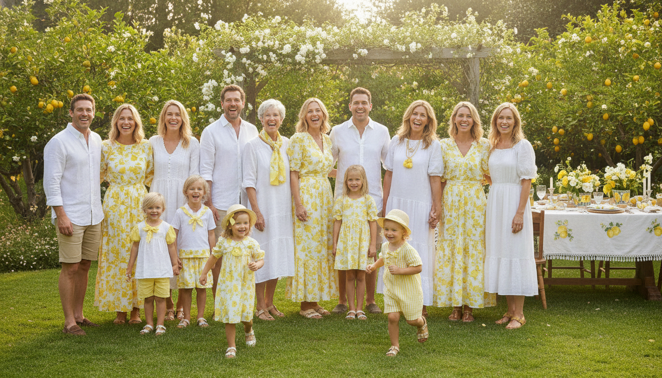 Family in yellow and white coordinated summer outfits
