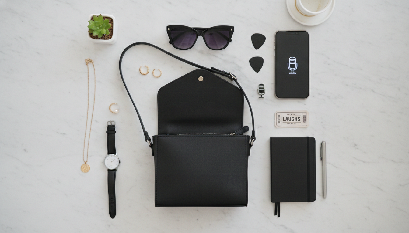 Curated comedy club accessories laid out