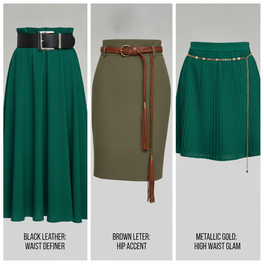 belt styling with green skirt