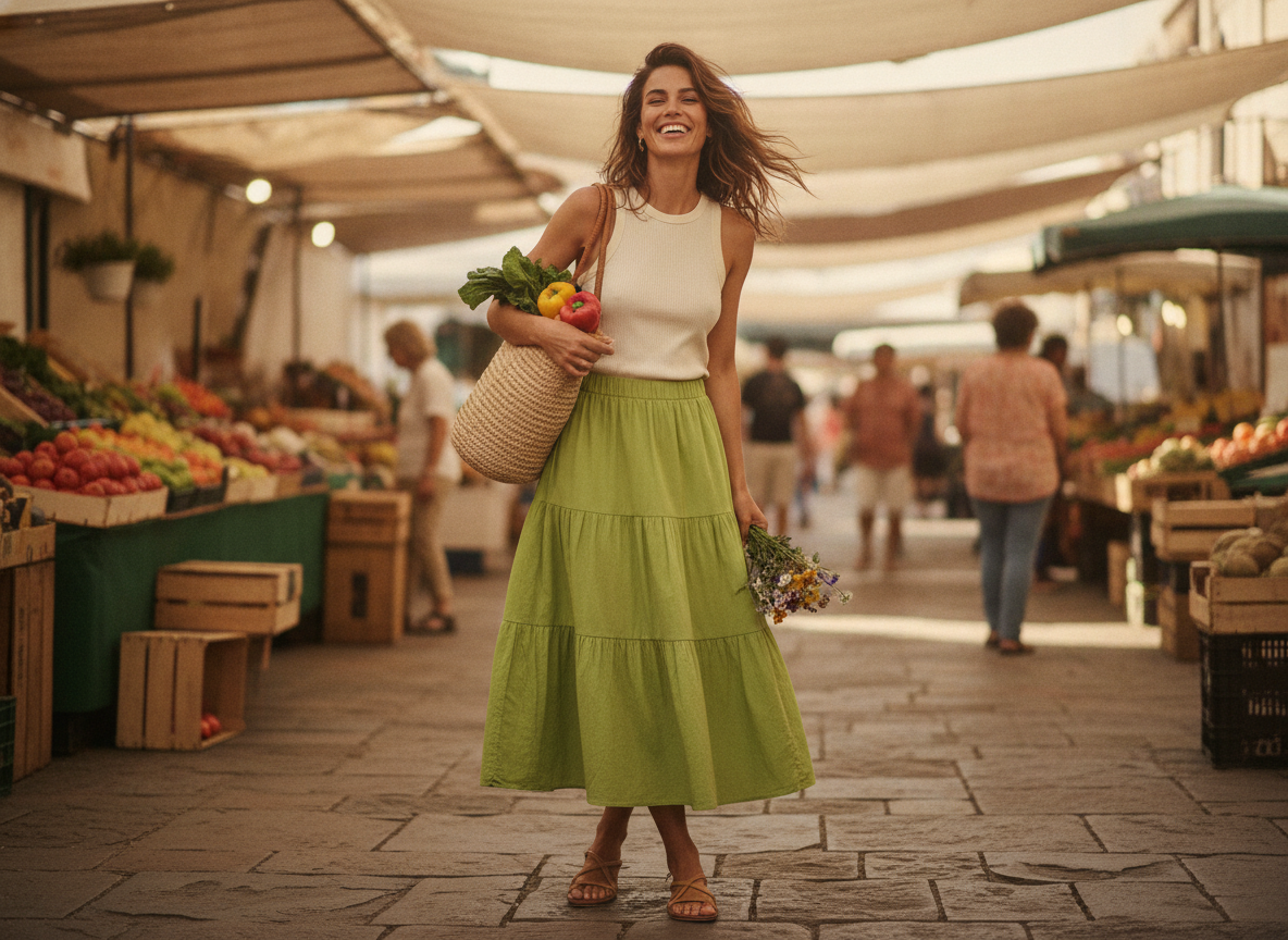 casual outdoor green skirt outfit