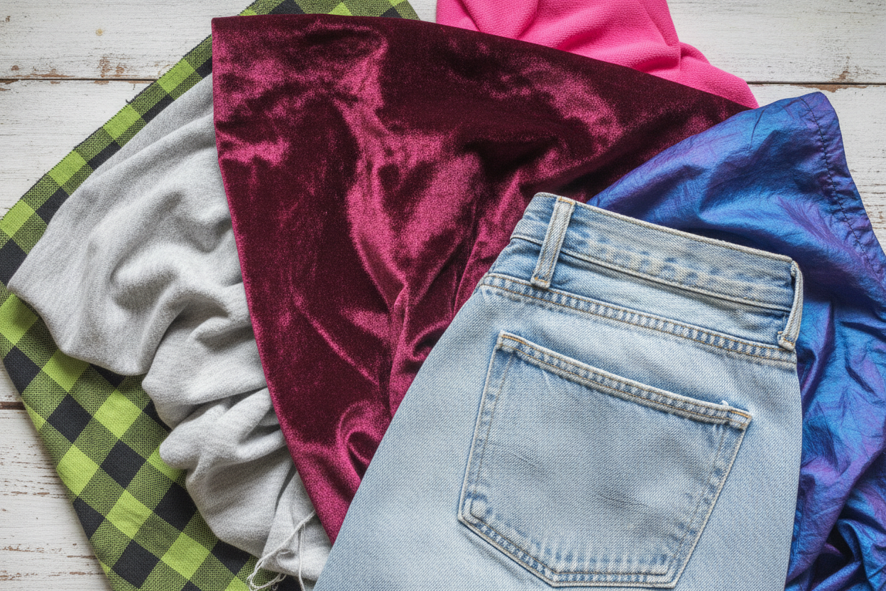 Various 90s fabrics swatches including denim velvet nylon