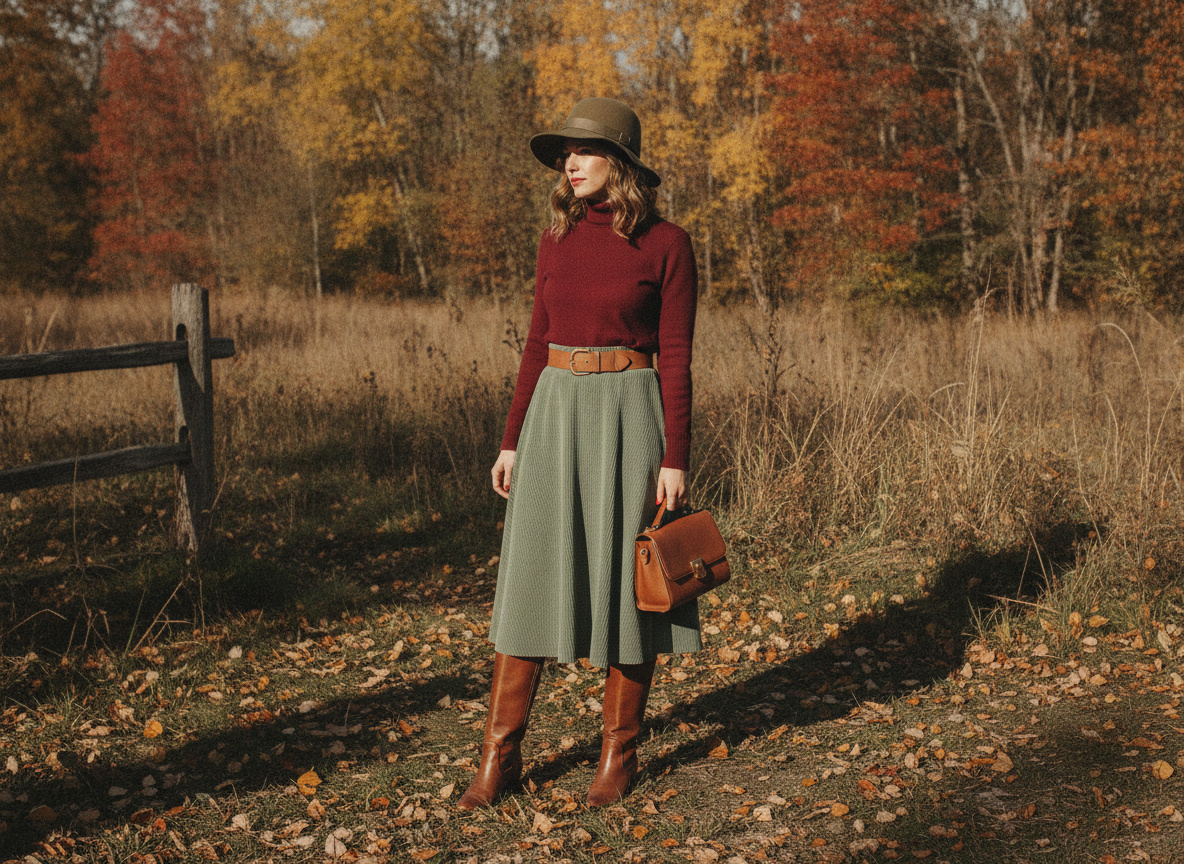 green corduroy skirt with turtleneck and boots
