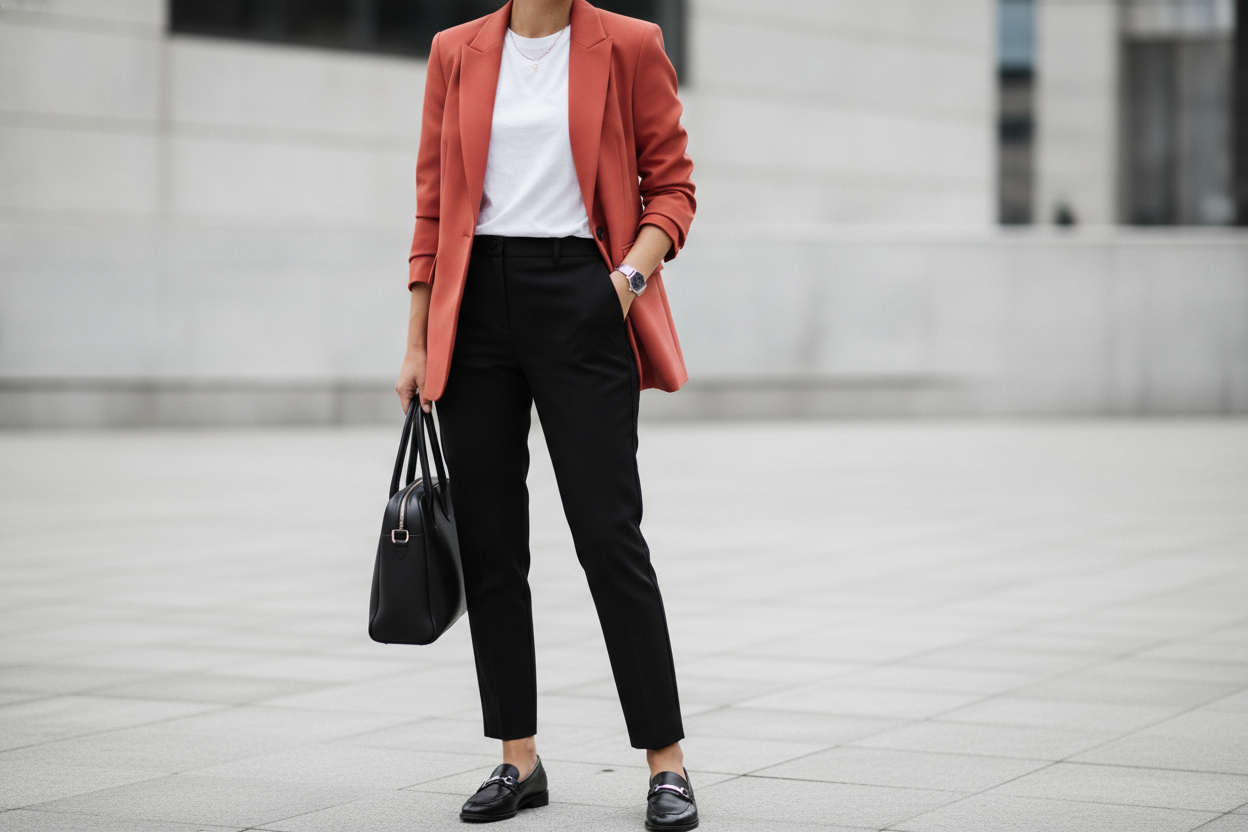 Colored blazer with white tee and trousers