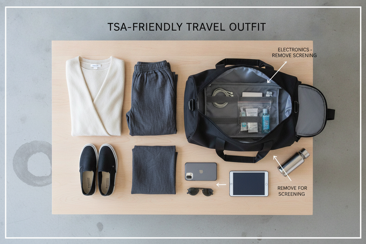 security-friendly travel outfit laid out