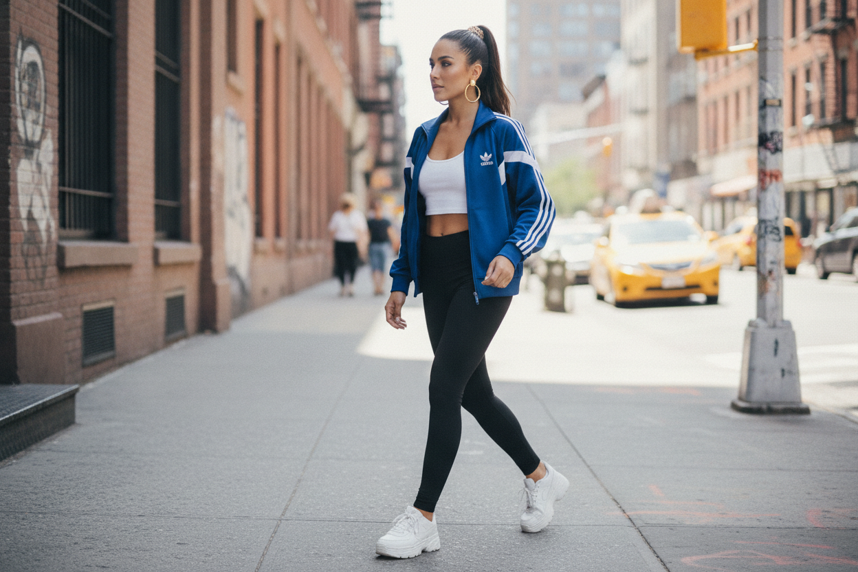 Track jacket 90s sporty outfit with leggings