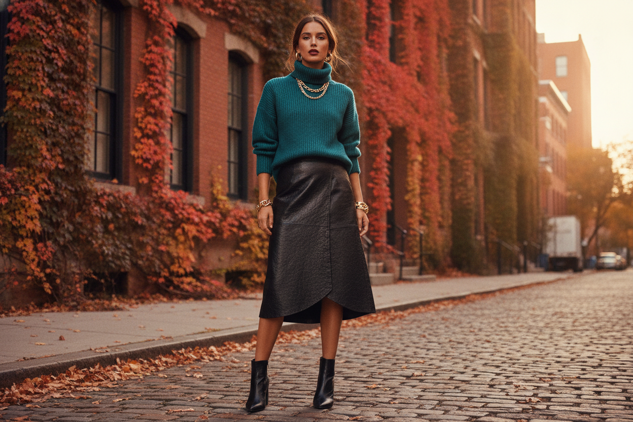 teal turtleneck sweater paired with black leather midi skirt for fall