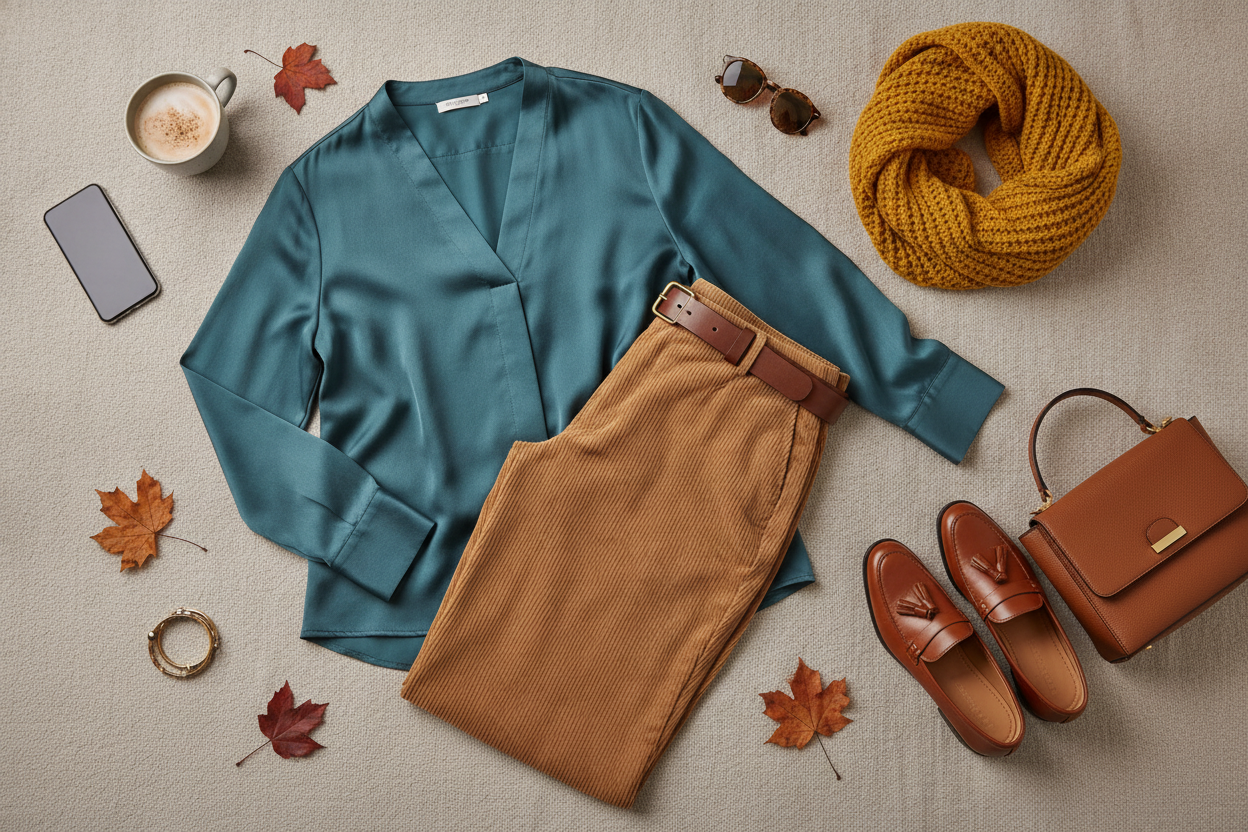 teal satin blouse tucked into camel corduroy pants for fall outfit