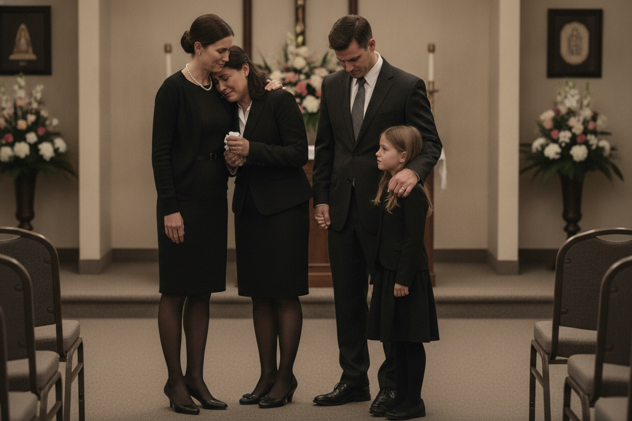 Woman at funeral visitation offering support to family