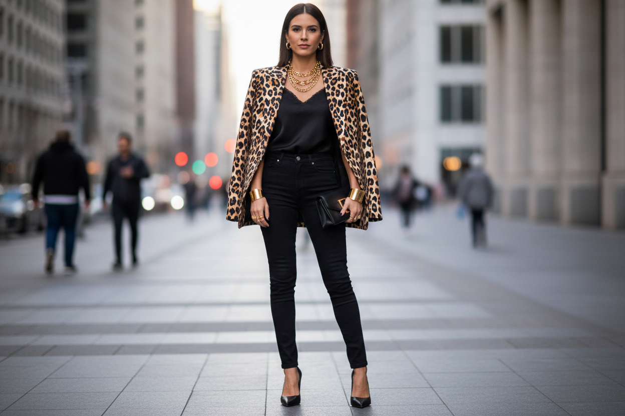Animal print blazer with black basics