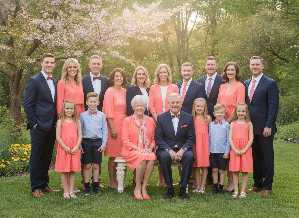 Family members in coral and navy spring outfits