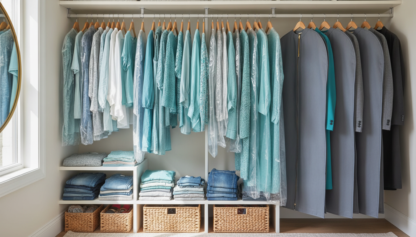 organized closet with teal clothing properly stored on hangers