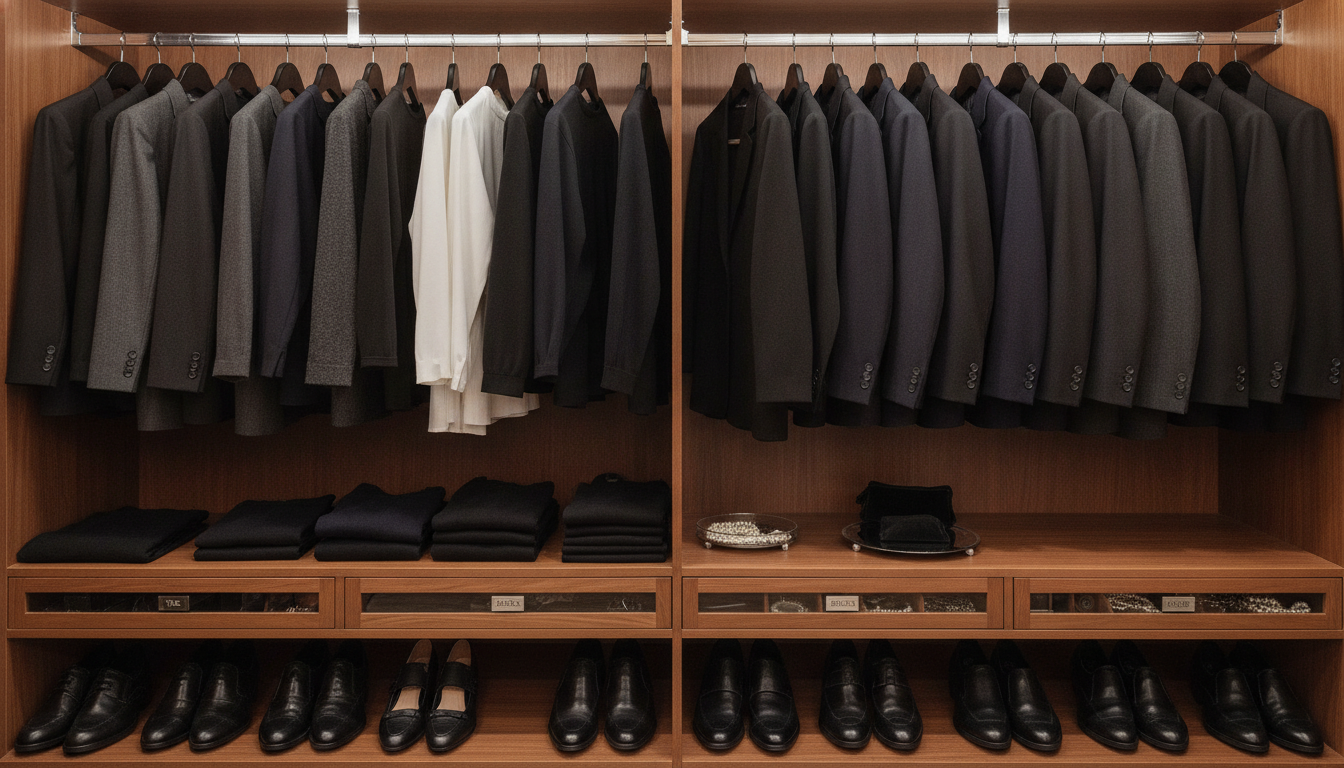 Organized closet showing funeral-appropriate clothing options