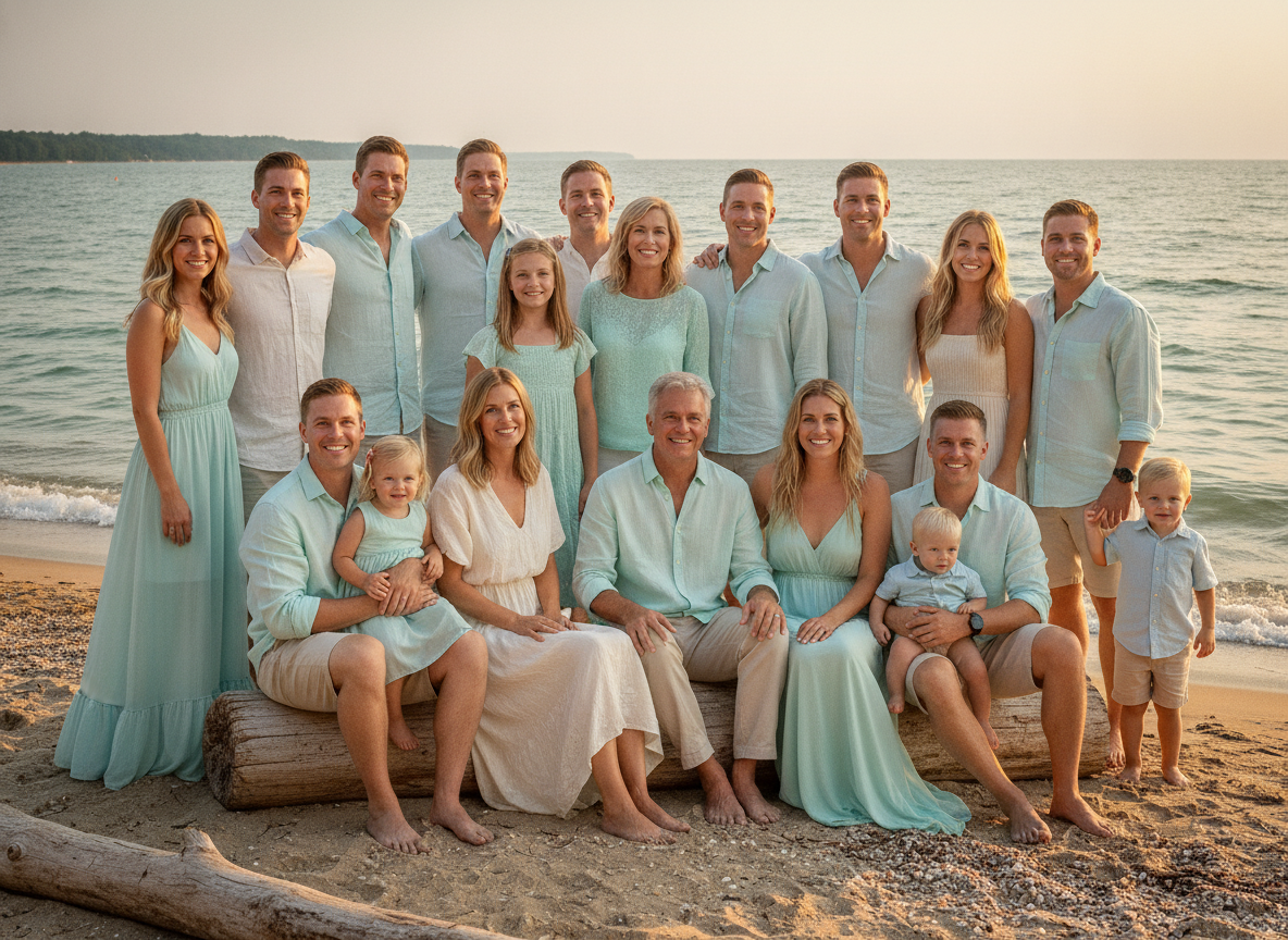 Family wearing aqua and sand-colored summer outfits