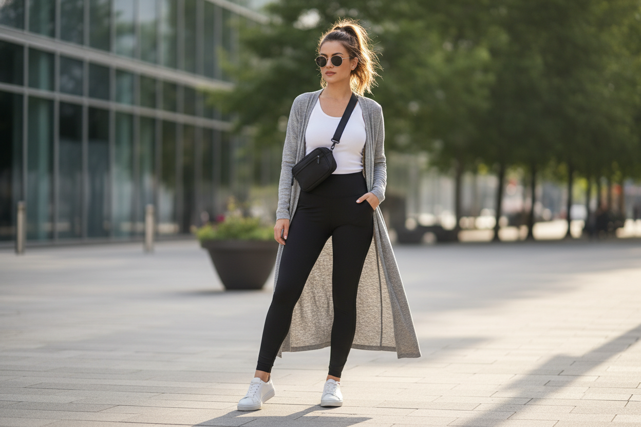 Sleek leggings with longline cardigan outfit