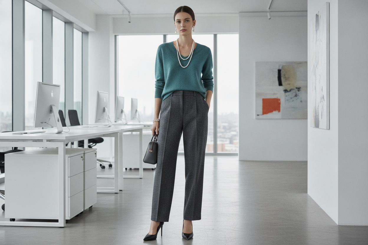 teal cashmere v-neck sweater with gray wool trousers for winter professional wear