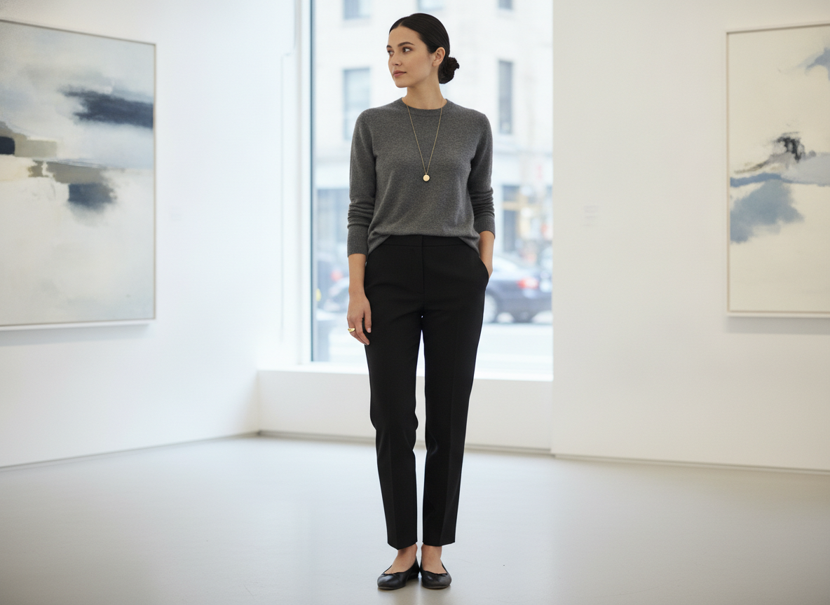 Woman wearing black pants with elegant sweater for funeral visitation