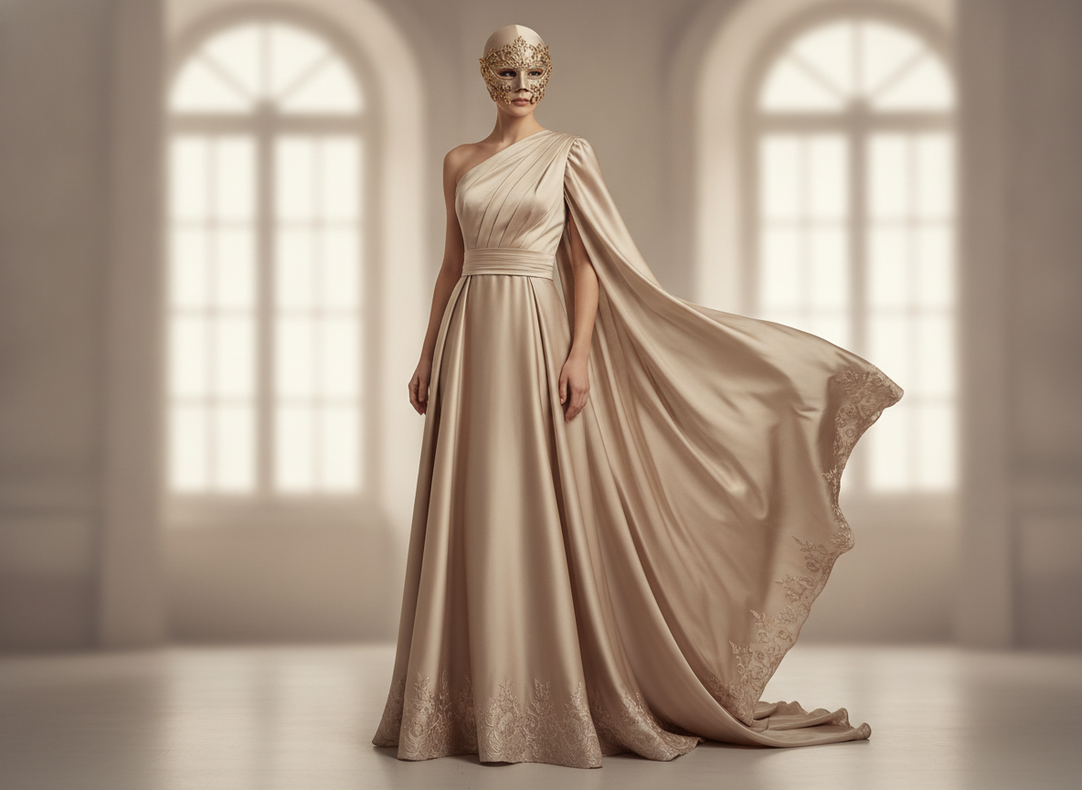 Beige neutral toned masquerade dress with sophisticated details