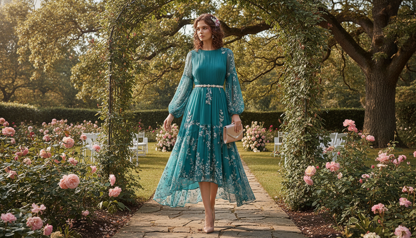 teal wedding guest dress with elegant accessories