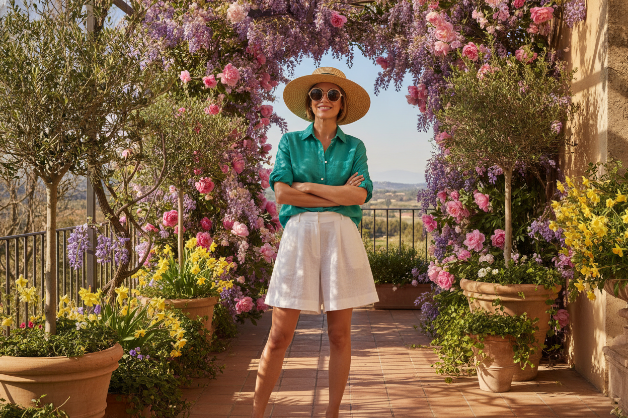 teal linen button-down shirt with cap sleeves paired with white shorts