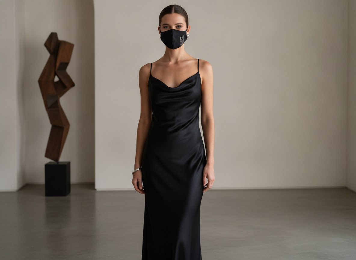 Minimalist black slip dress for masquerade party