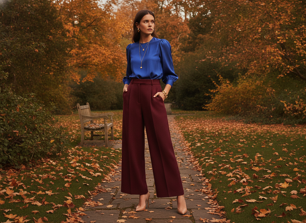 royal blue and burgundy fall outfit combination