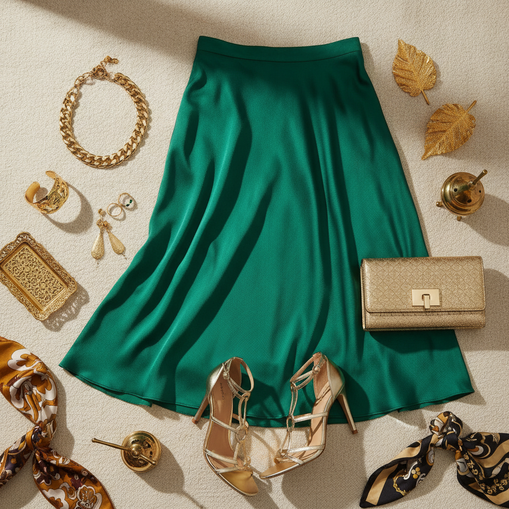 green skirt with gold accessories