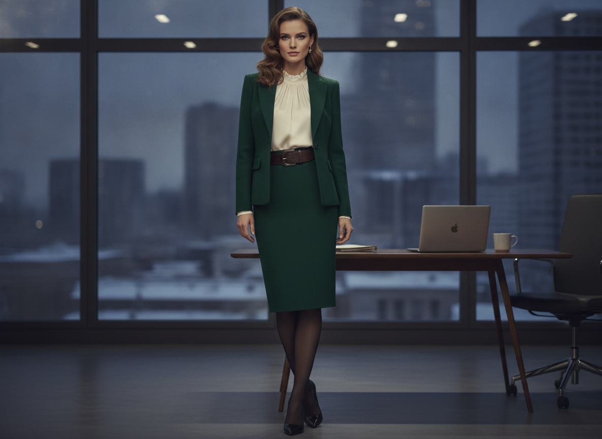 green skirt with blazer, tights and pumps