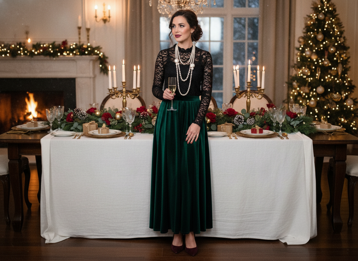 green velvet skirt with lace top and statement jewelry