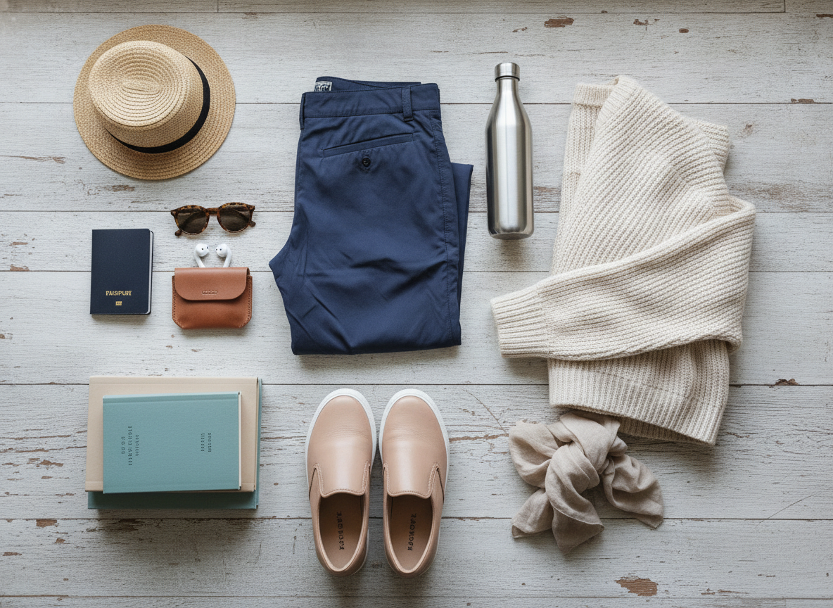 travel pants outfit with cardigan and slip-on shoes