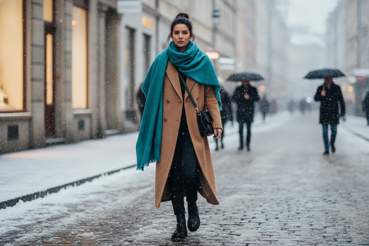 oversized teal blanket scarf styled over neutral winter coat