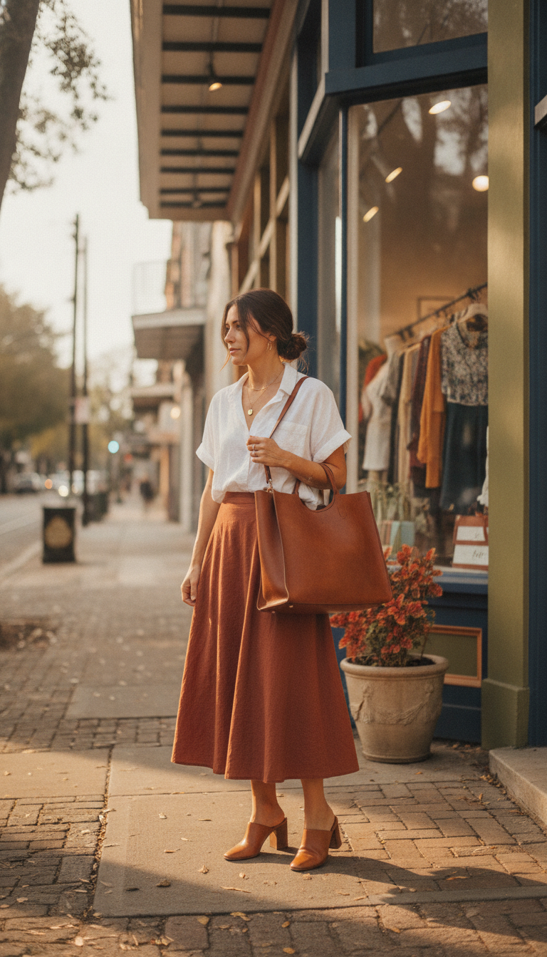 Midi skirt outfit for New Orleans boutique shopping
