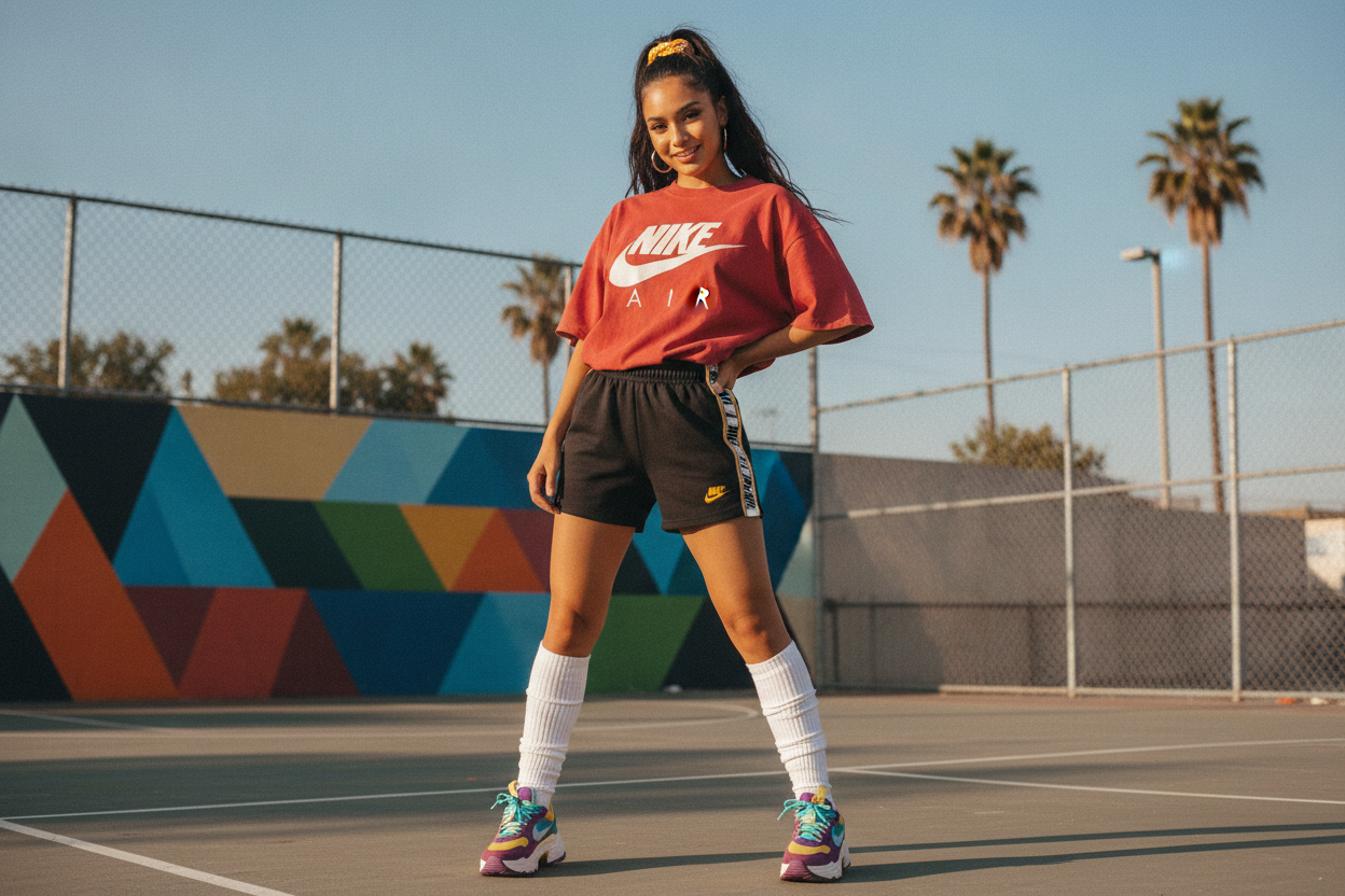 Athletic shorts 90s outfit with oversized tee