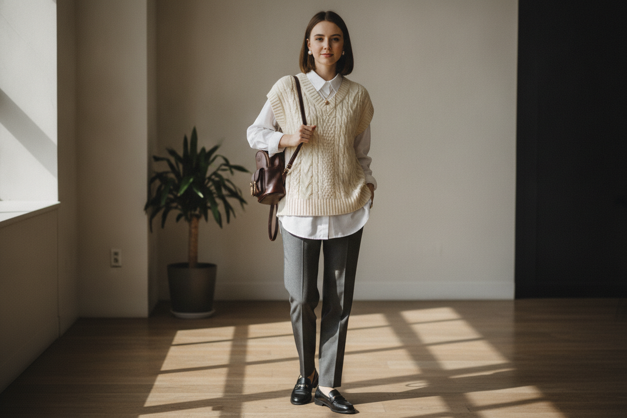 Sweater vest preppy 90s outfit with dress pants