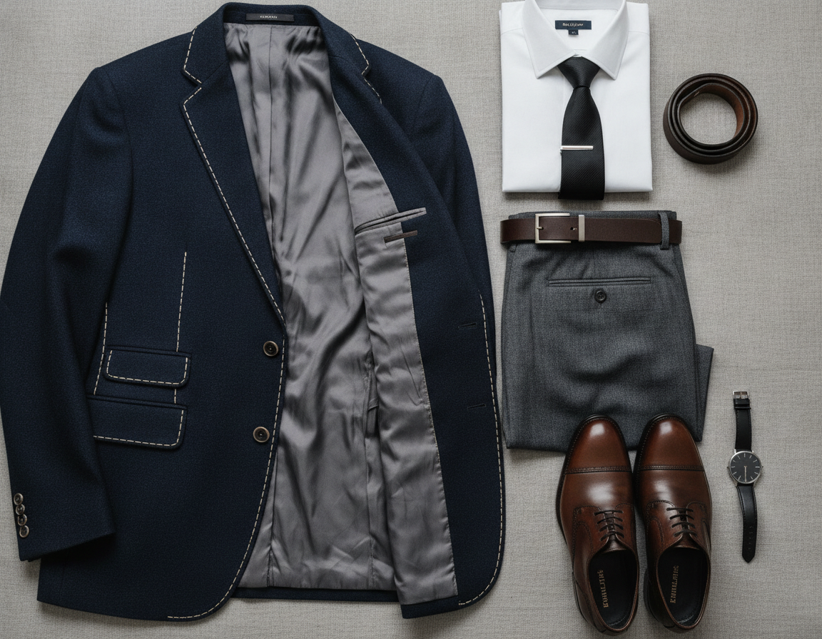 Navy blazer outfit details showing professional funeral attire