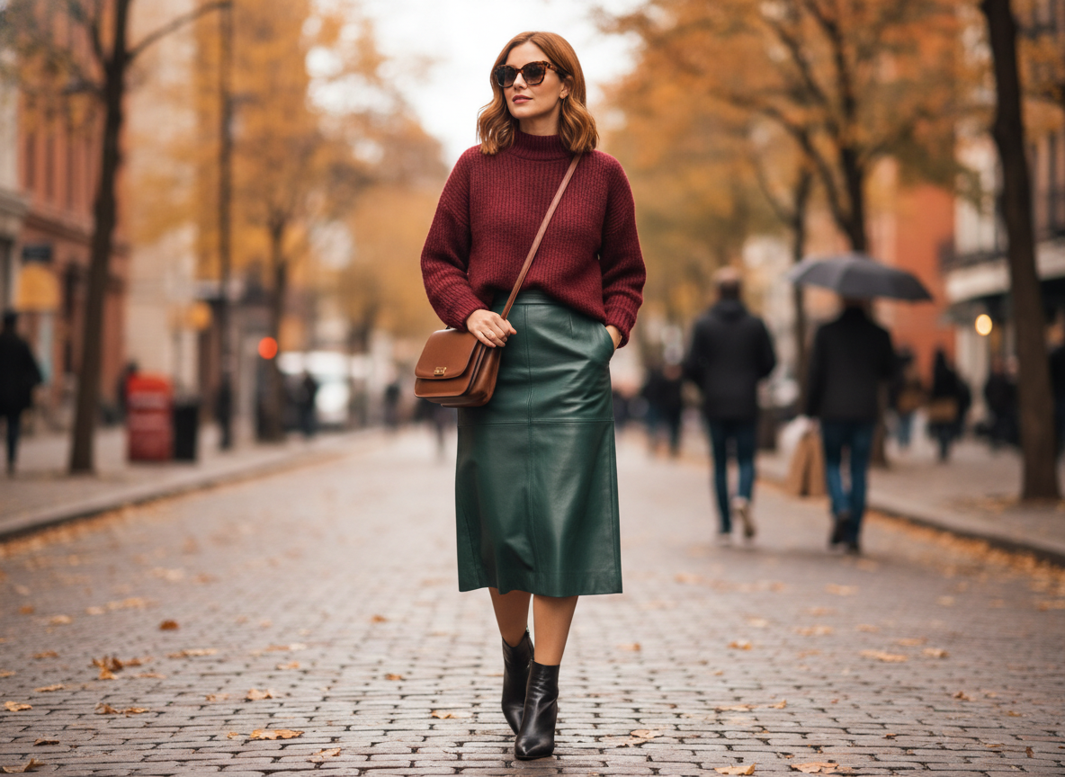 green leather skirt with sweater and heeled booties
