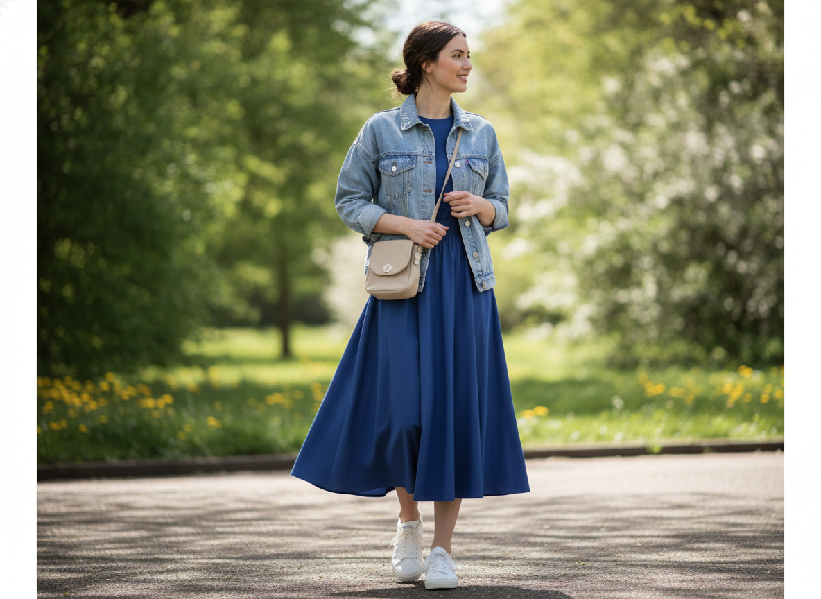 royal blue skirt paired with denim jacket