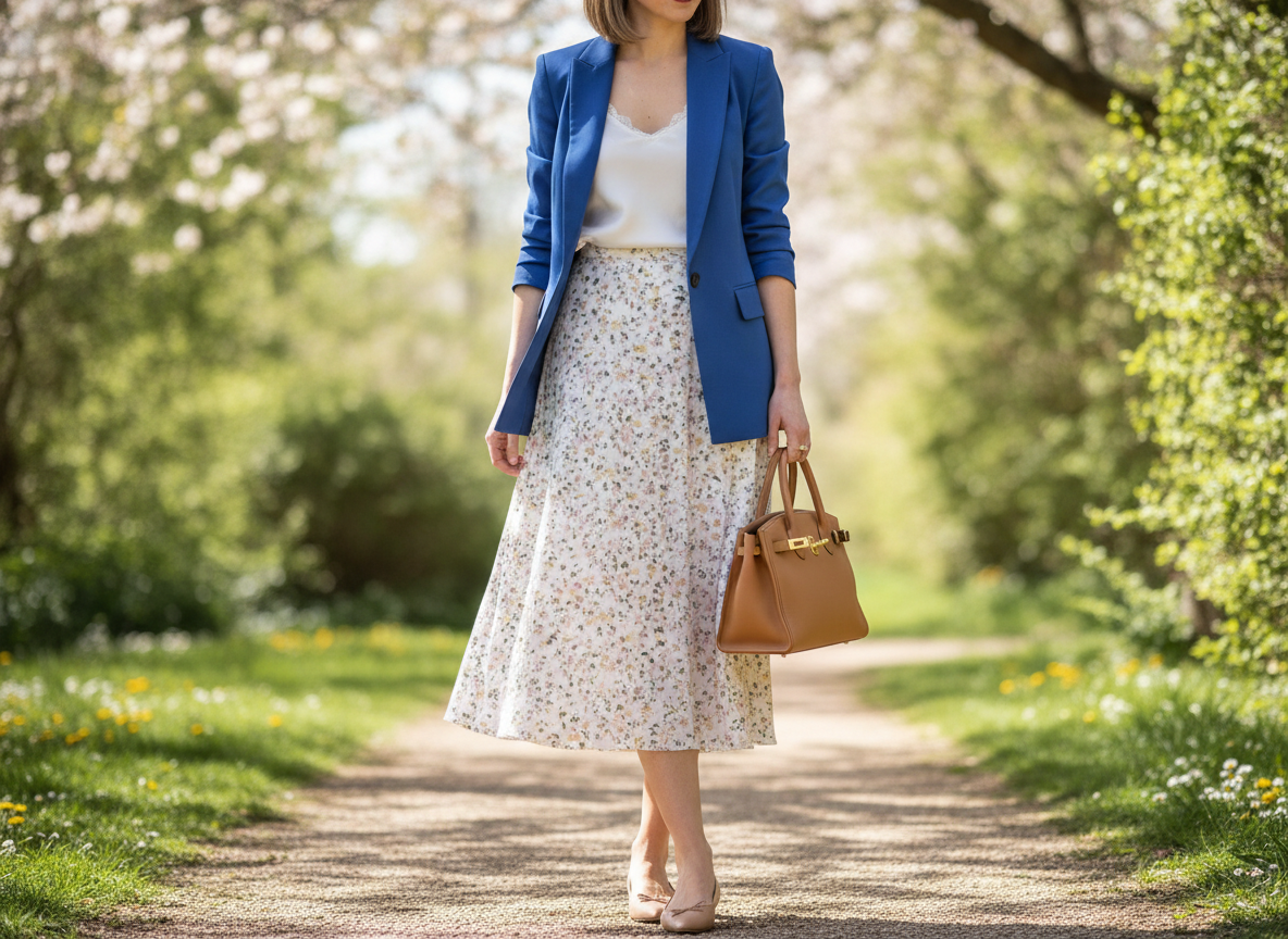 royal blue blazer styled with spring floral skirt