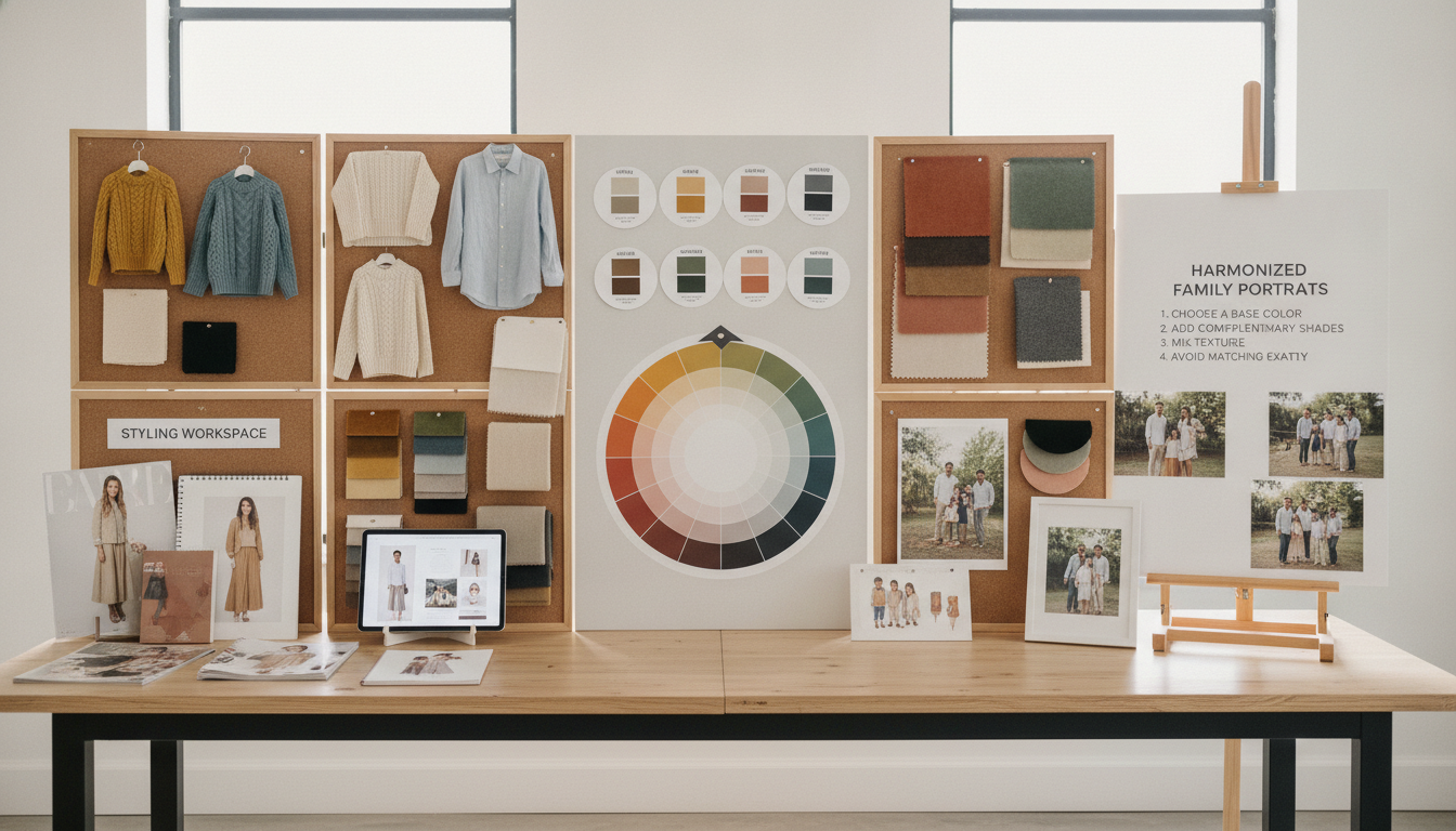 Color palette swatches and coordinated outfit examples