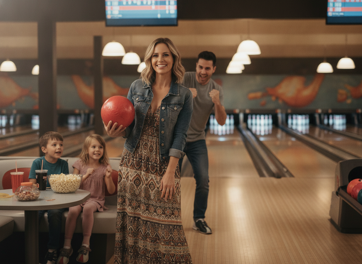 mom wearing maxi dress and denim jacket for family bowling outfit