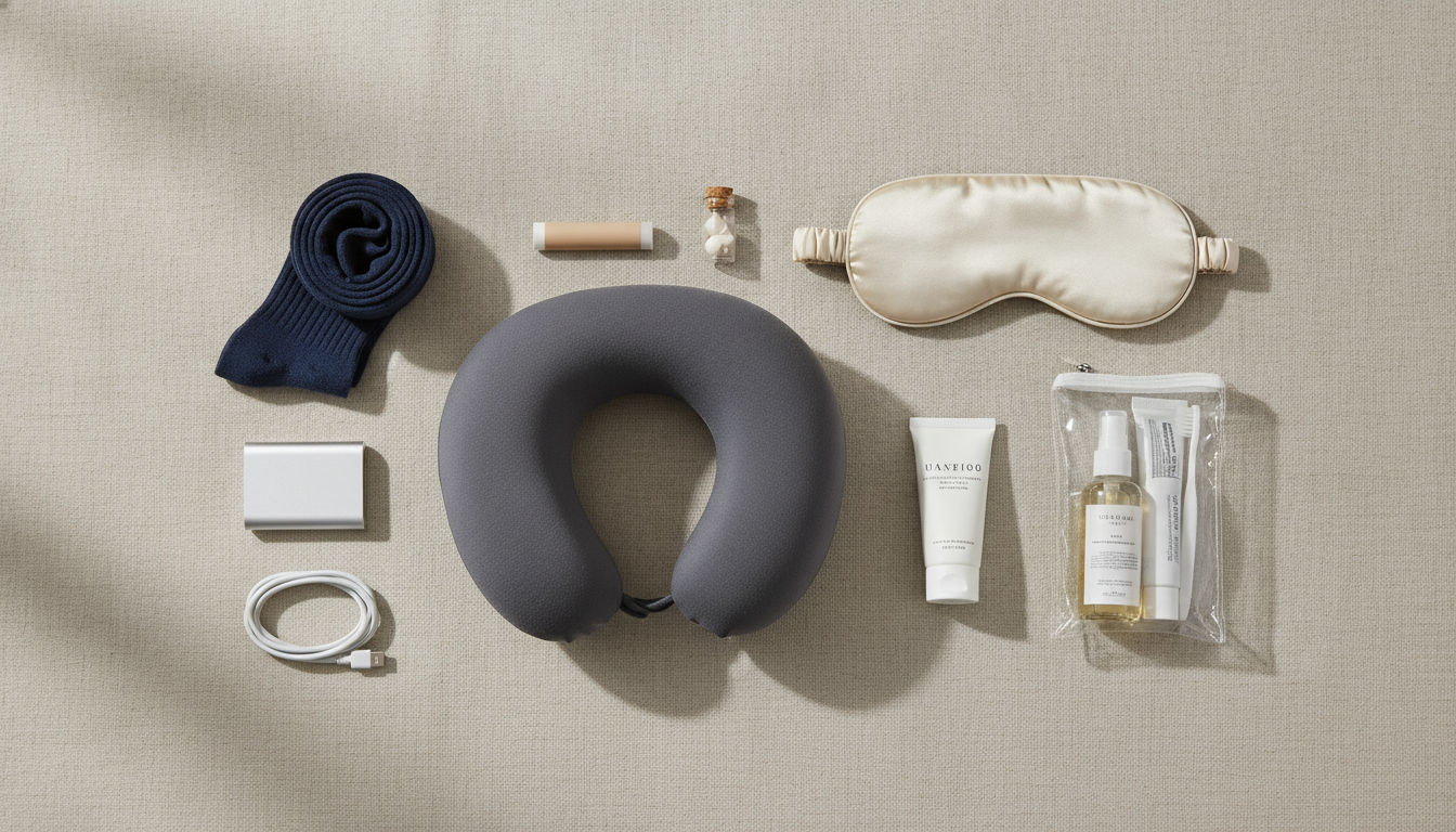 travel accessories flat lay with compression socks neck pillow and essentials