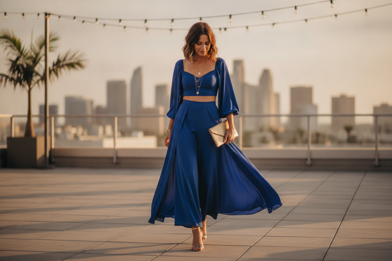 royal blue palazzo pants evening outfit