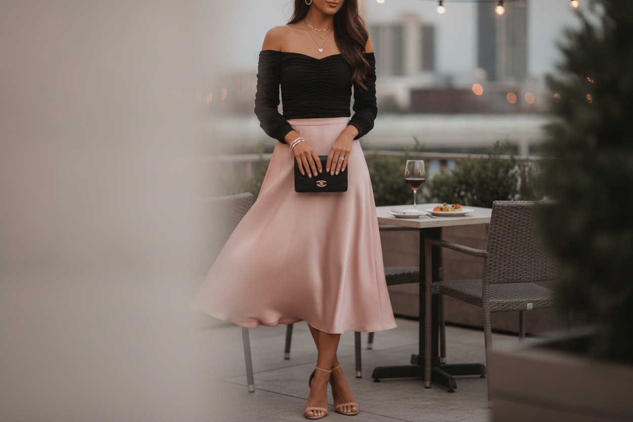 Off shoulder top with midi skirt outfit