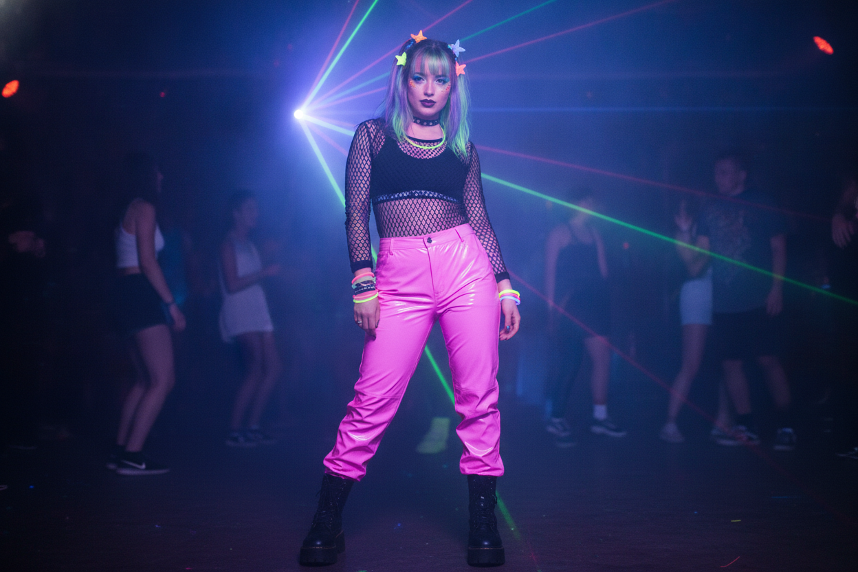 Vinyl pants 90s rave outfit with mesh top