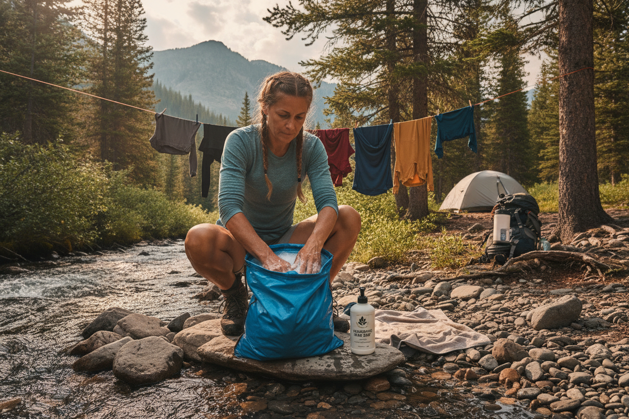 washing hiking clothes at campsite