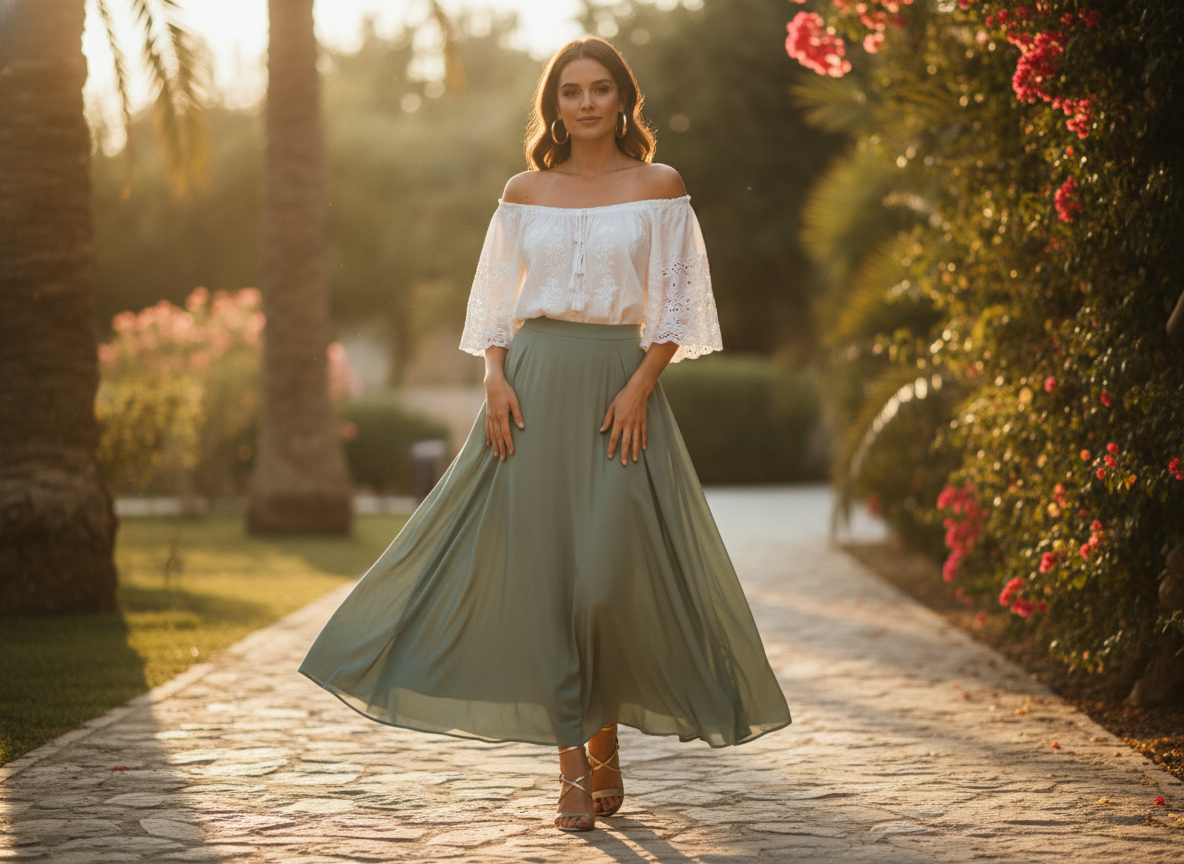 green maxi skirt with off-shoulder top and statement earrings
