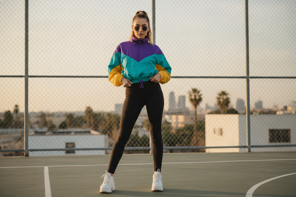 Windbreaker 90s hip-hop outfit with leggings